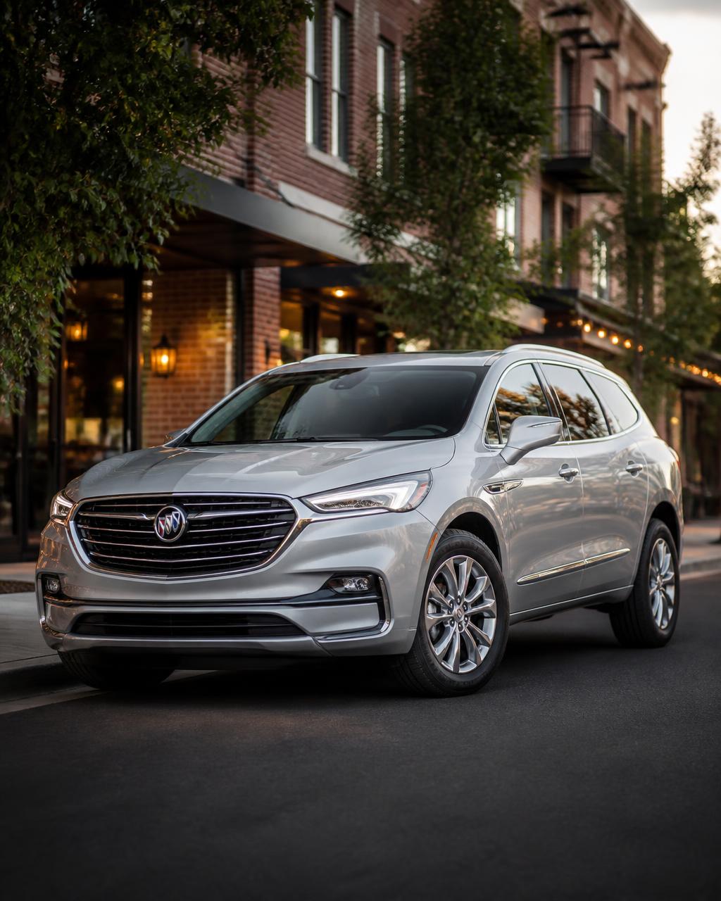 Silver Buick Enclave parked on a street in downtown Bend